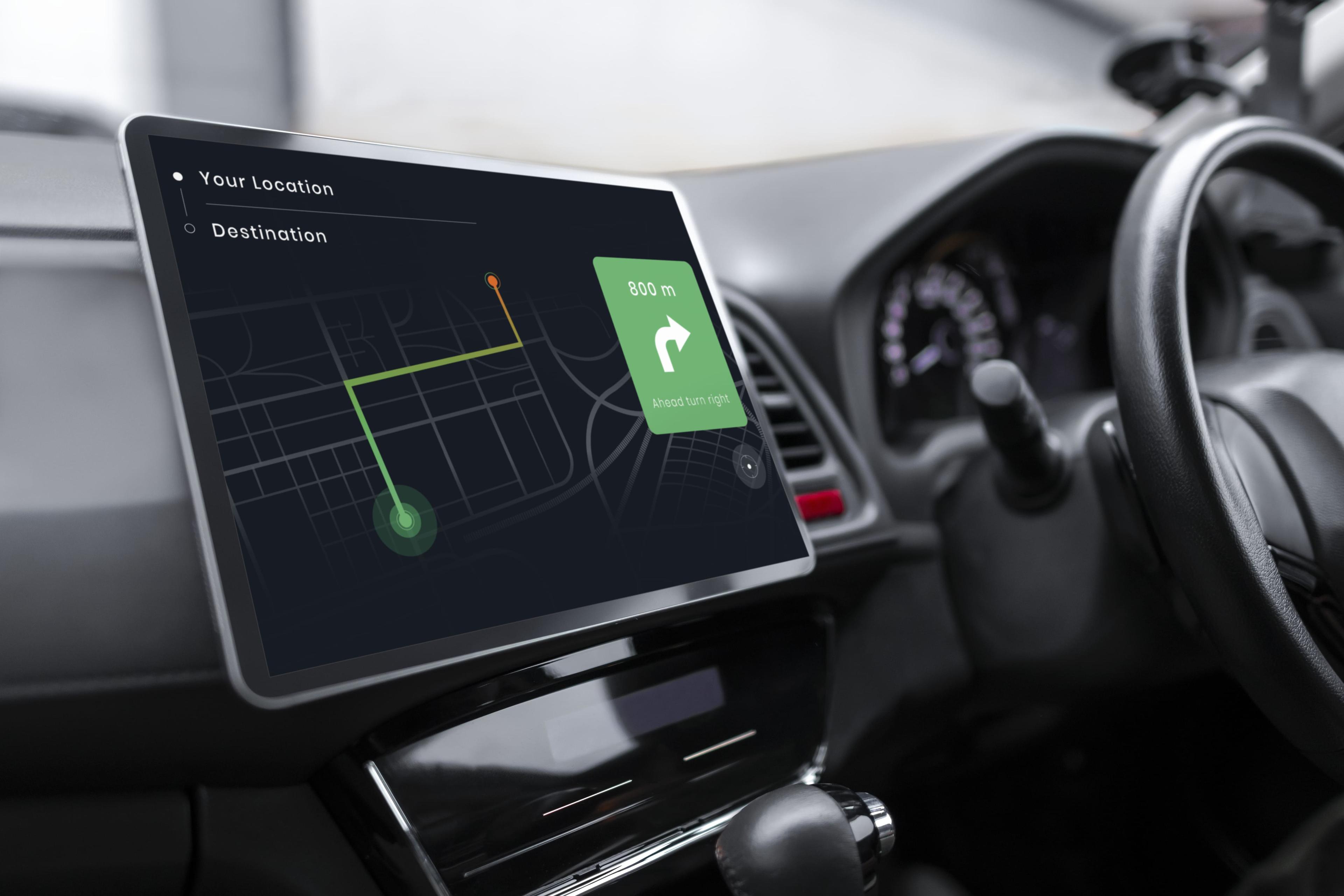 Autonomous Vehicle Revolution: Unlocking Revenue and Safety Potential Infotainment system of an autonomous vehicle showing the road to the destination.