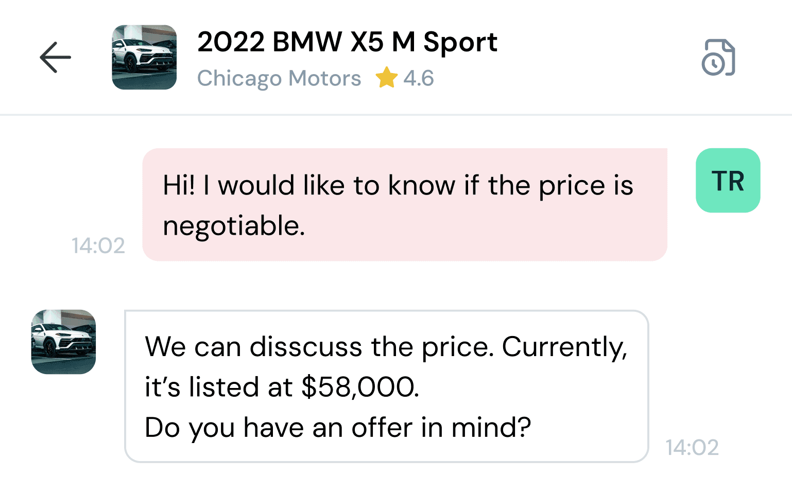 Customer negotiating car price with dealership via AutosToday chat feature