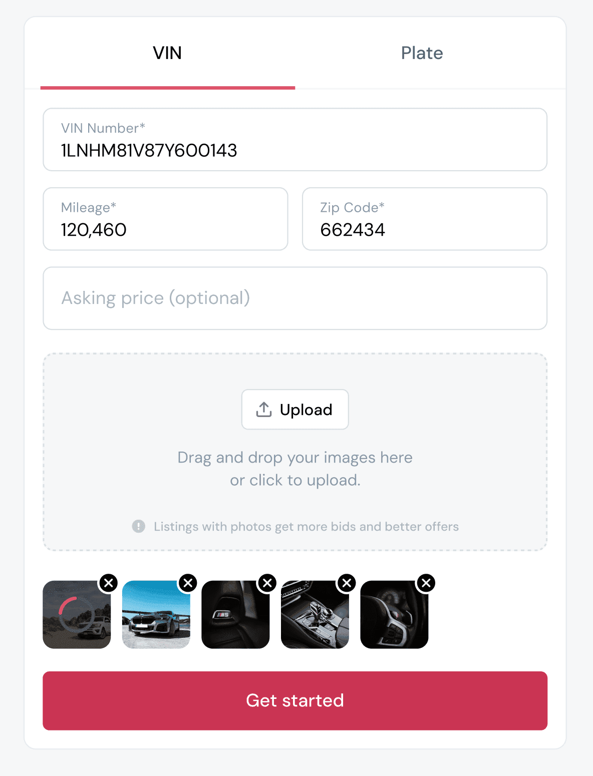 VIN-based car listing form on AutosToday with uploaded vehicle photos