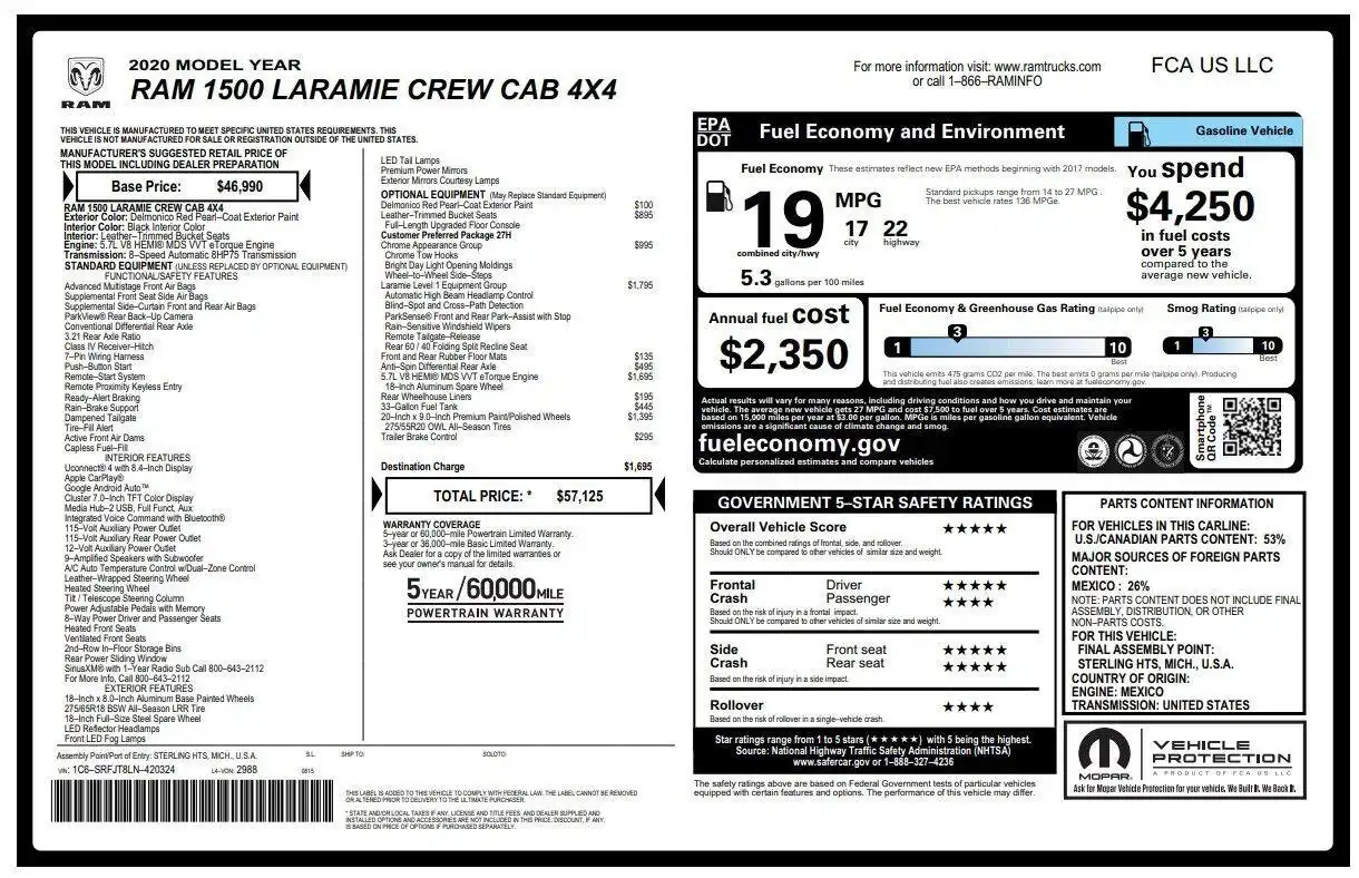 2020 RAM 1500 Laramie 4WD Crew Cab 5'7's photo